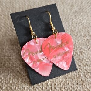 Pink FENDER Guitar Pick Dangle Earrings - Gold Hooks